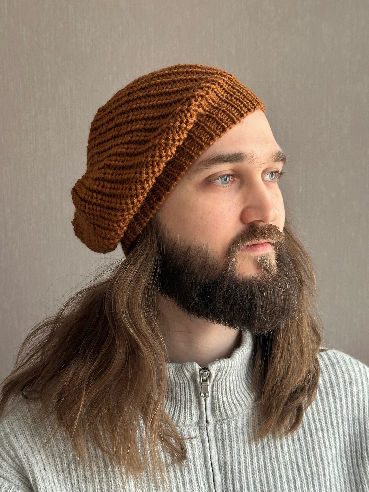 Versatile Brown Merino Ha, Hand-Knit Winter Beret