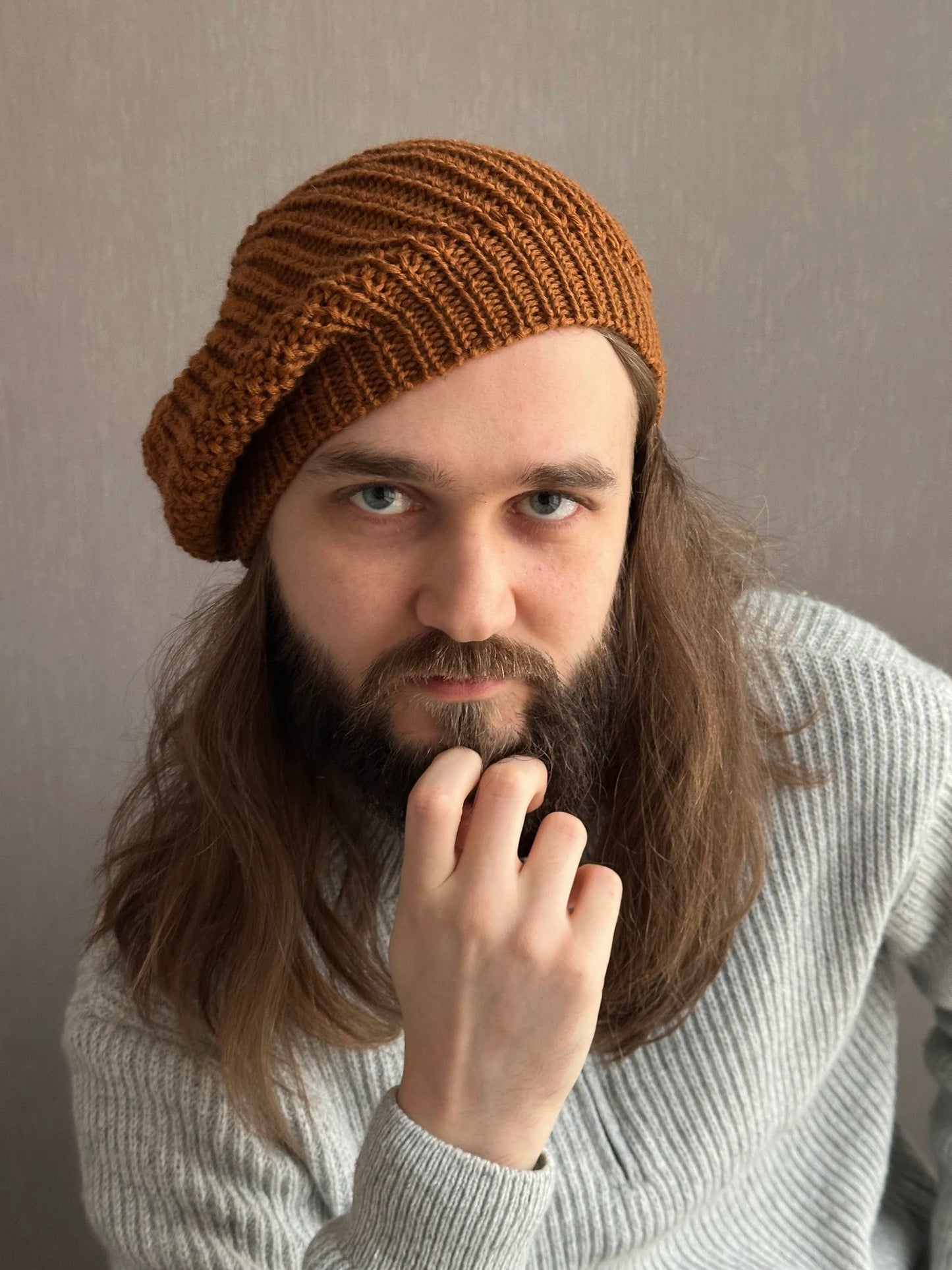 Versatile Brown Merino Ha, Hand-Knit Winter Beret