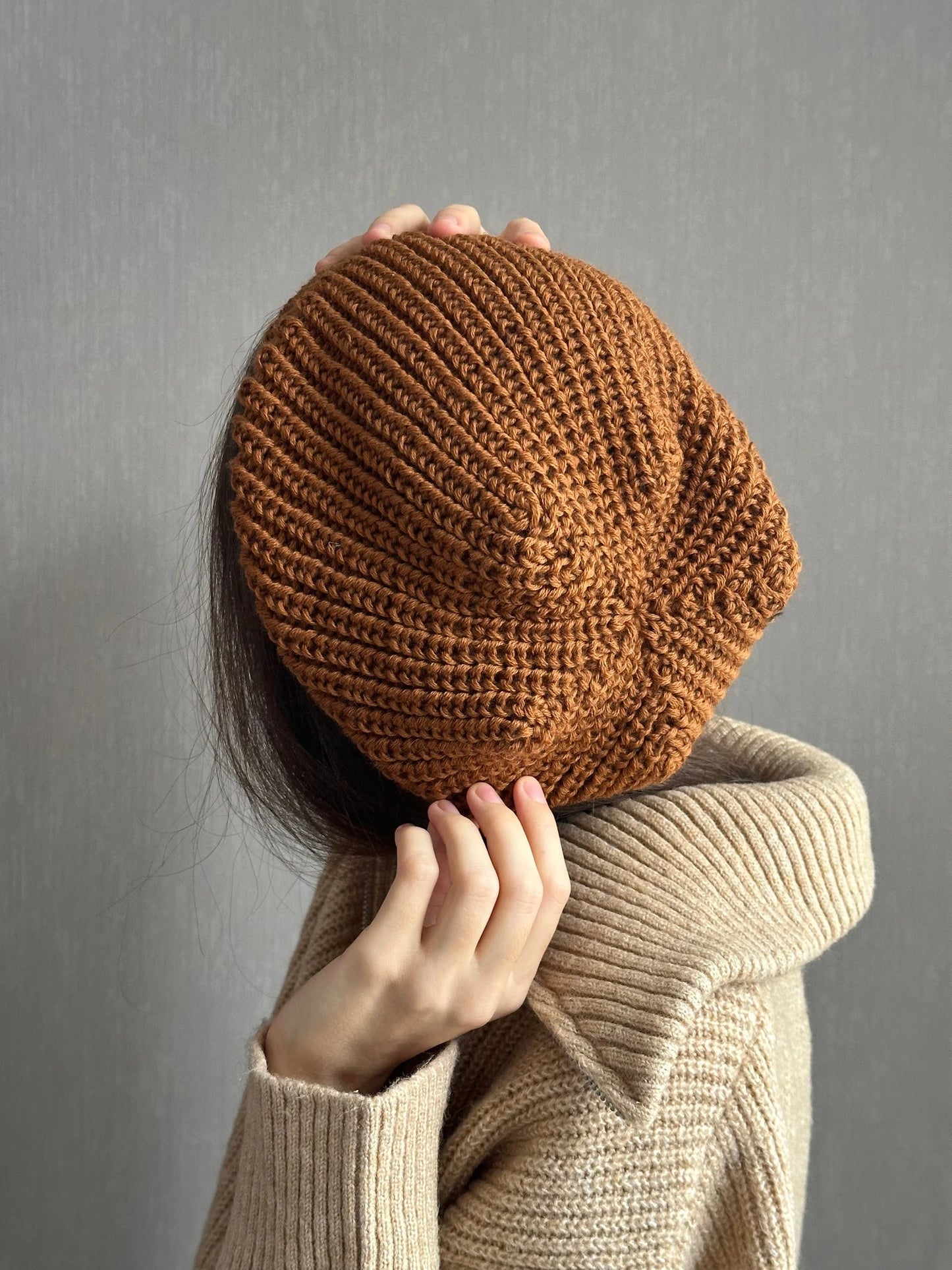 Versatile Brown Merino Ha, Hand-Knit Winter Beret