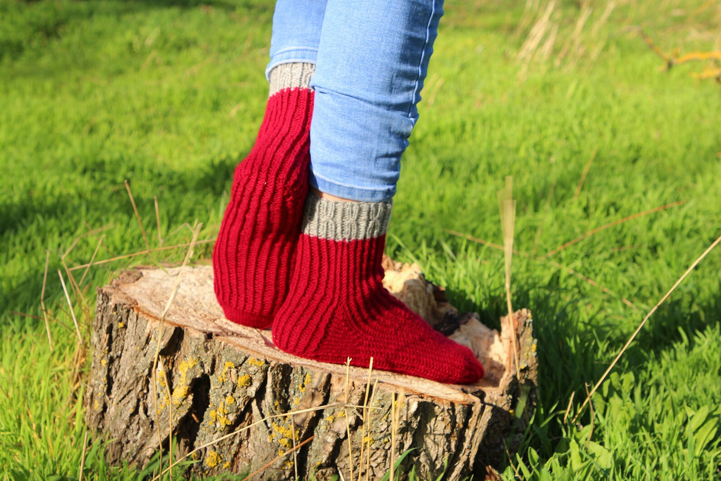 Rich Red Ribbed Cuff Socks