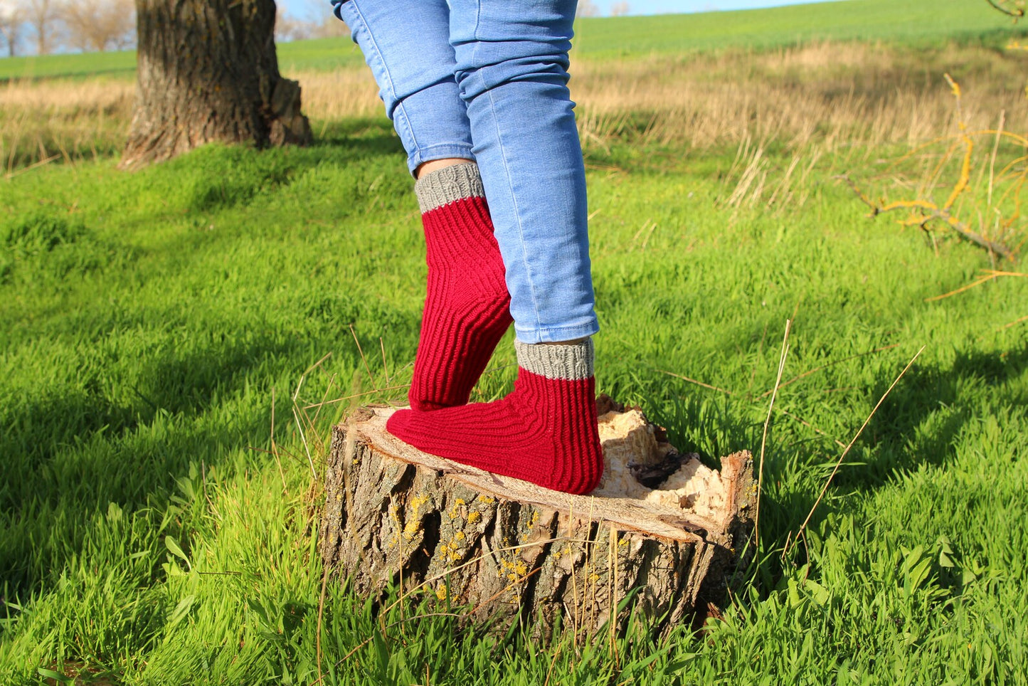 Rich Red Ribbed Cuff Socks