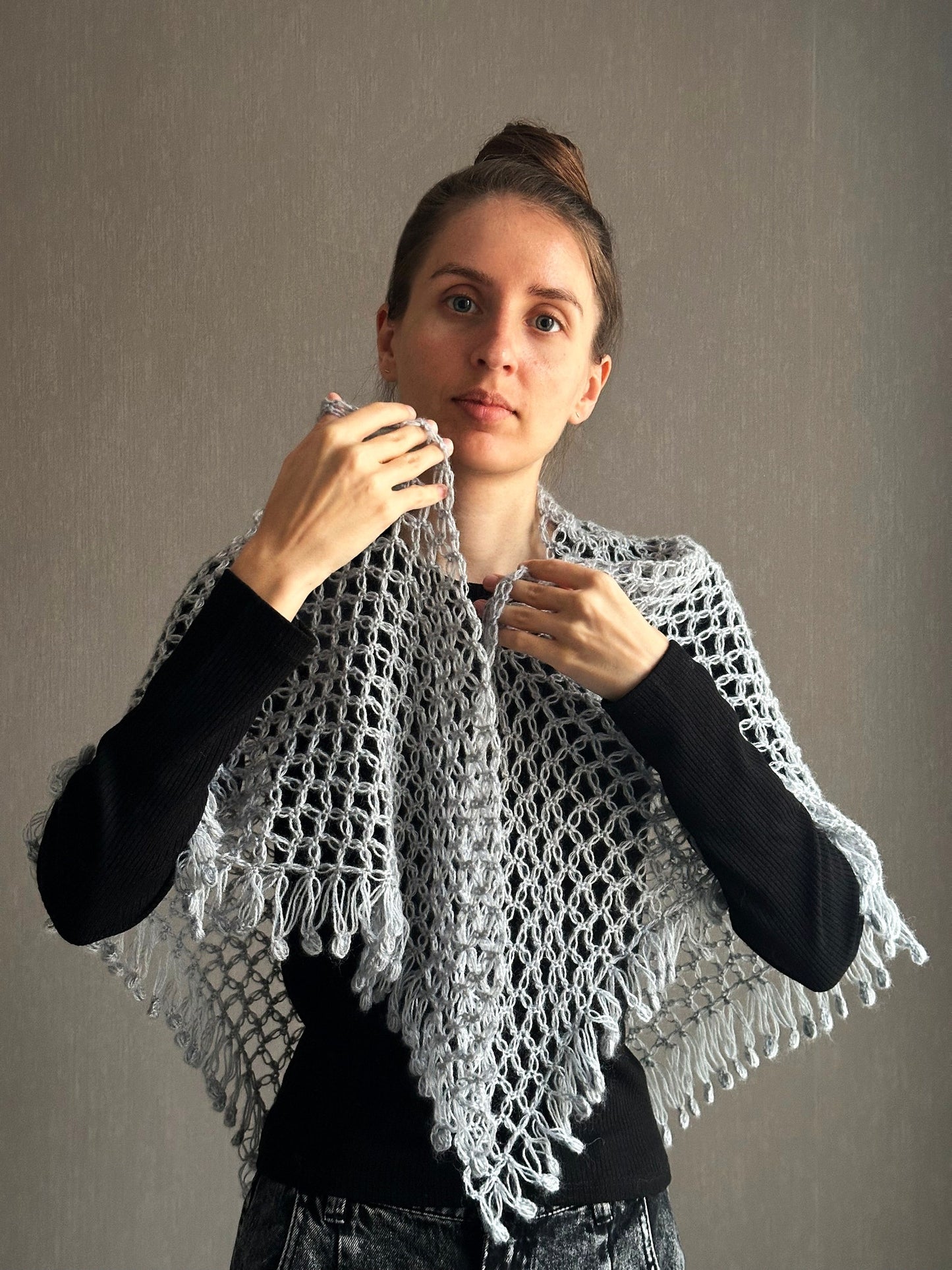 Silver Gray Crocheted Shawl with Fringes