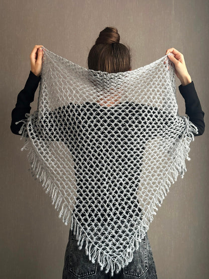 Silver Gray Crocheted Shawl with Fringes