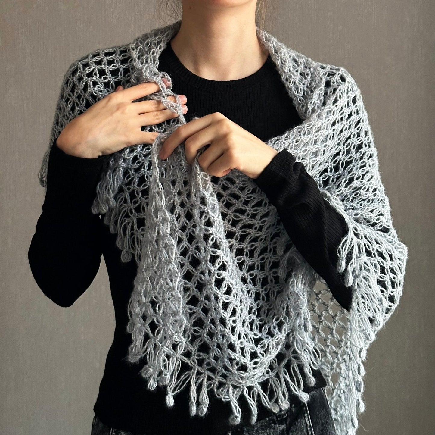 Silver Gray Crocheted Shawl with Fringes