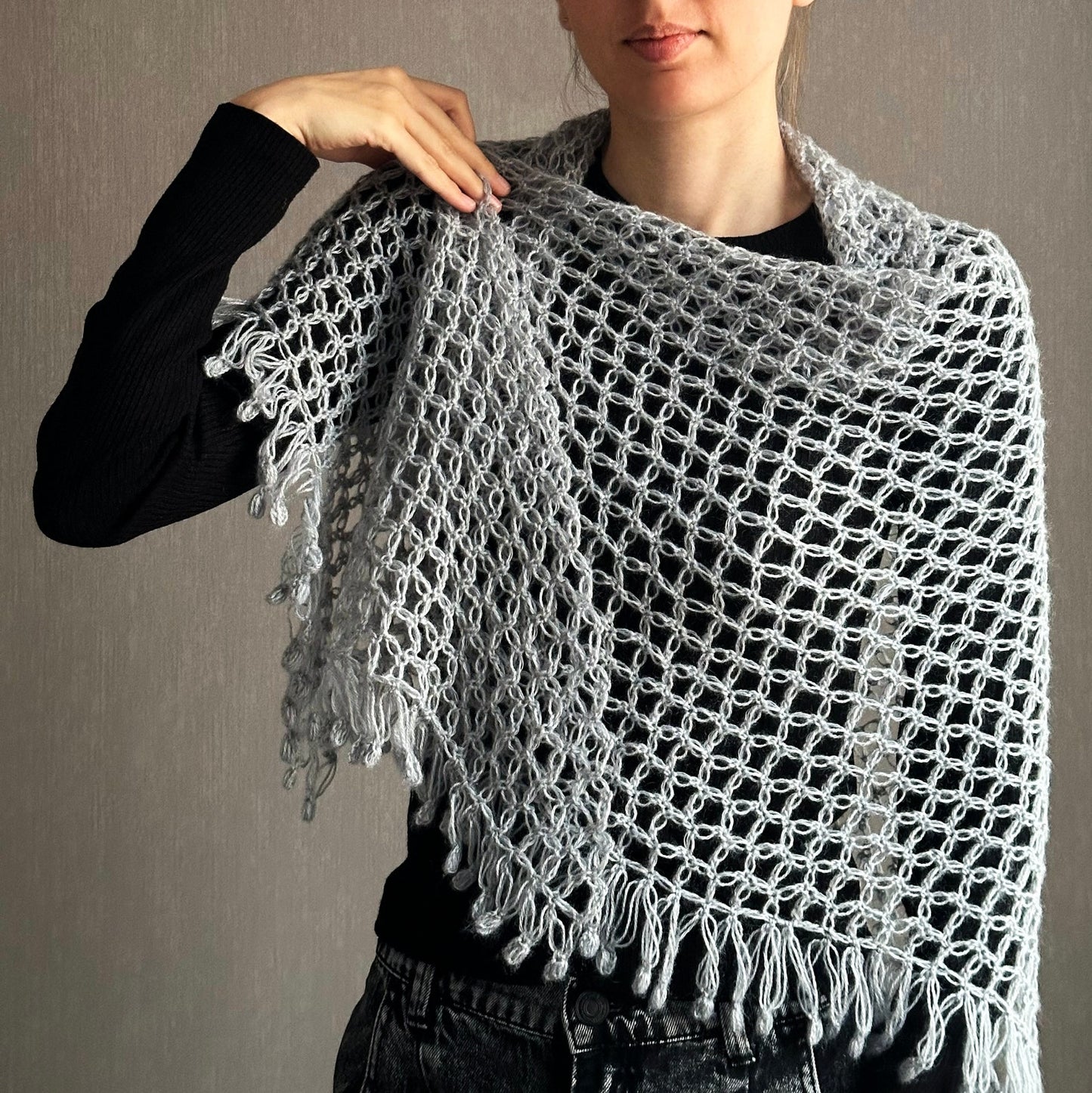 Silver Gray Crocheted Shawl with Fringes