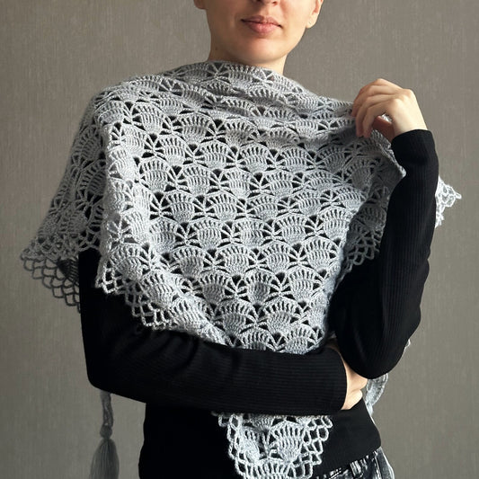 Elegant Silver Crochet Shawl with Tassel