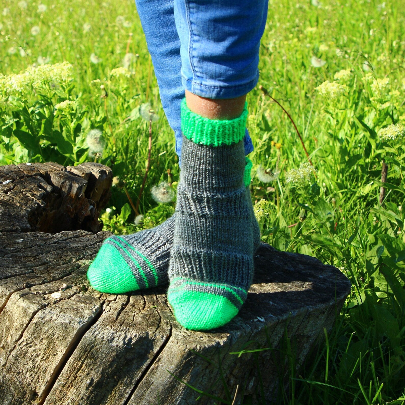 Artisan-made hiking socks with green toe and heel patches