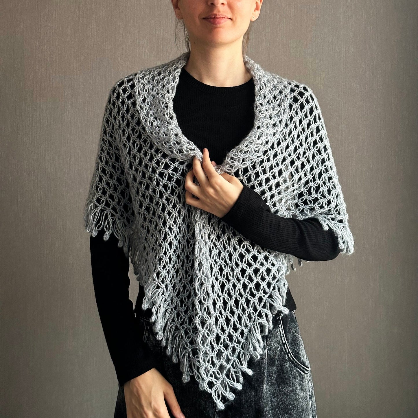 Silver Gray Crocheted Shawl with Fringes