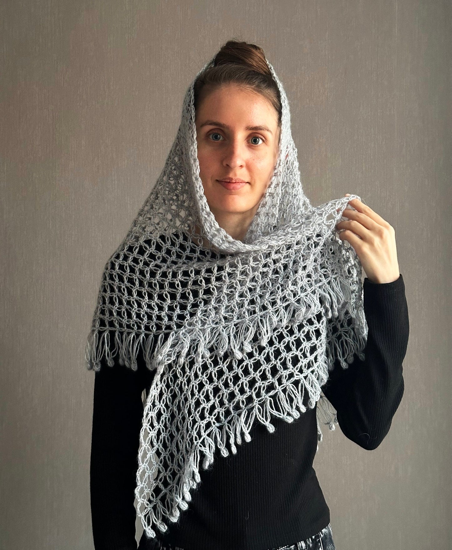 Silver Gray Crocheted Shawl with Fringes