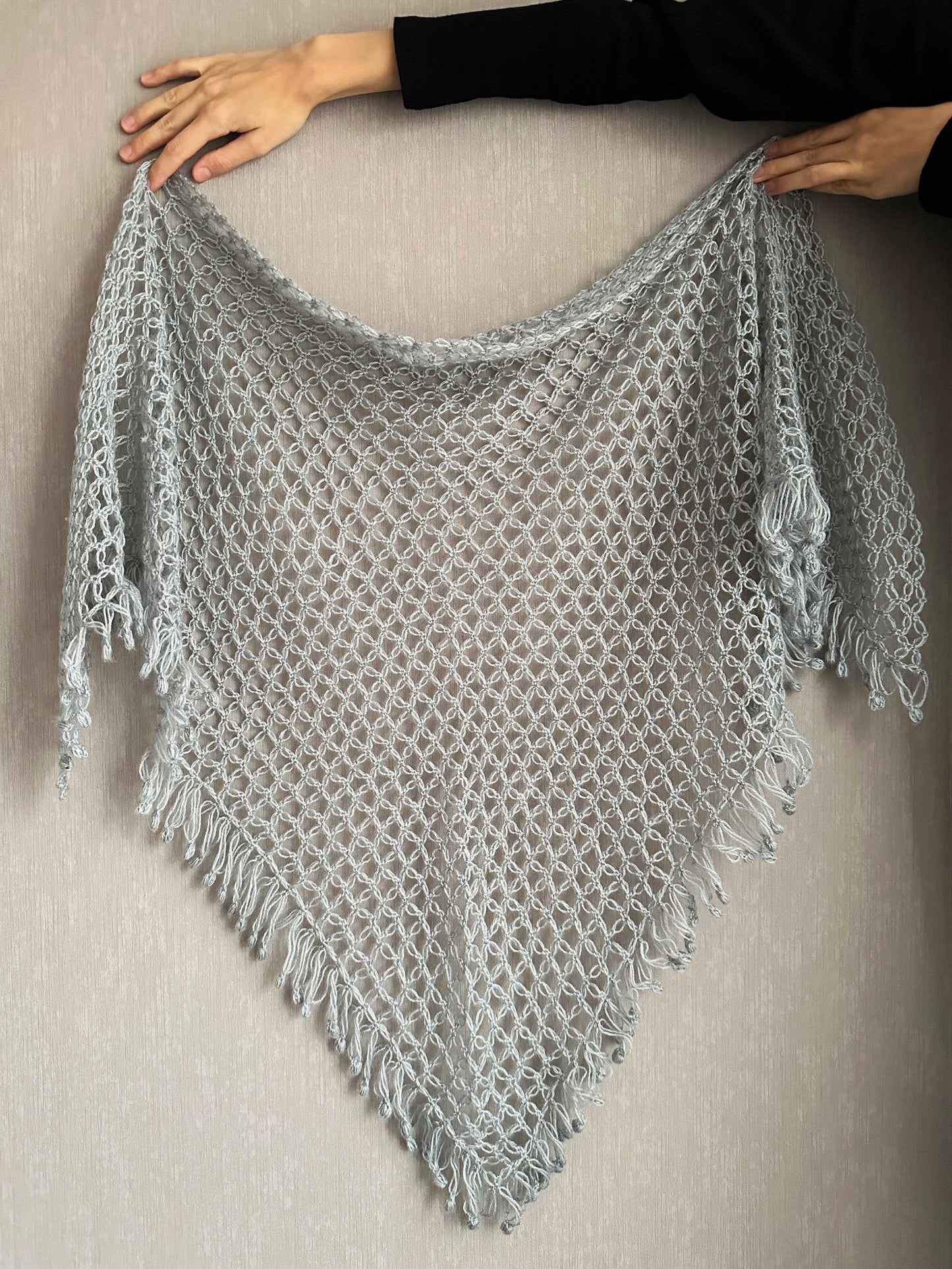 Silver Gray Crocheted Shawl with Fringes