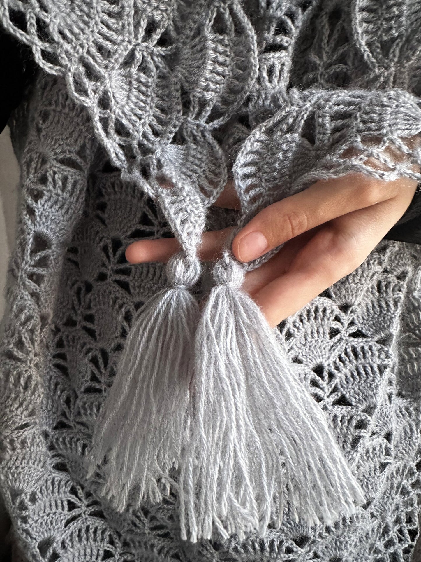 Elegant Silver Crochet Shawl with Tassel