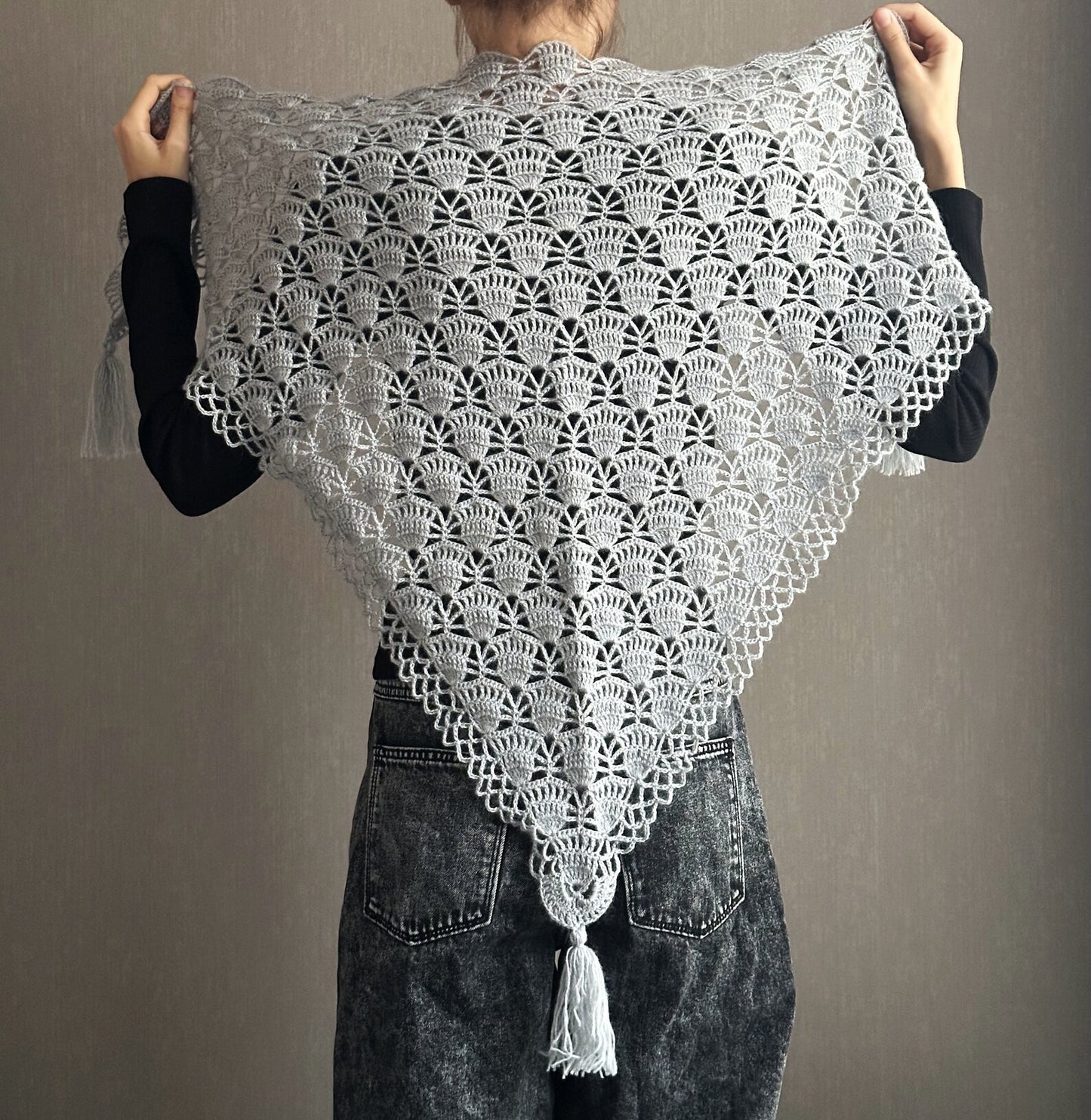 Elegant Silver Crochet Shawl with Tassel