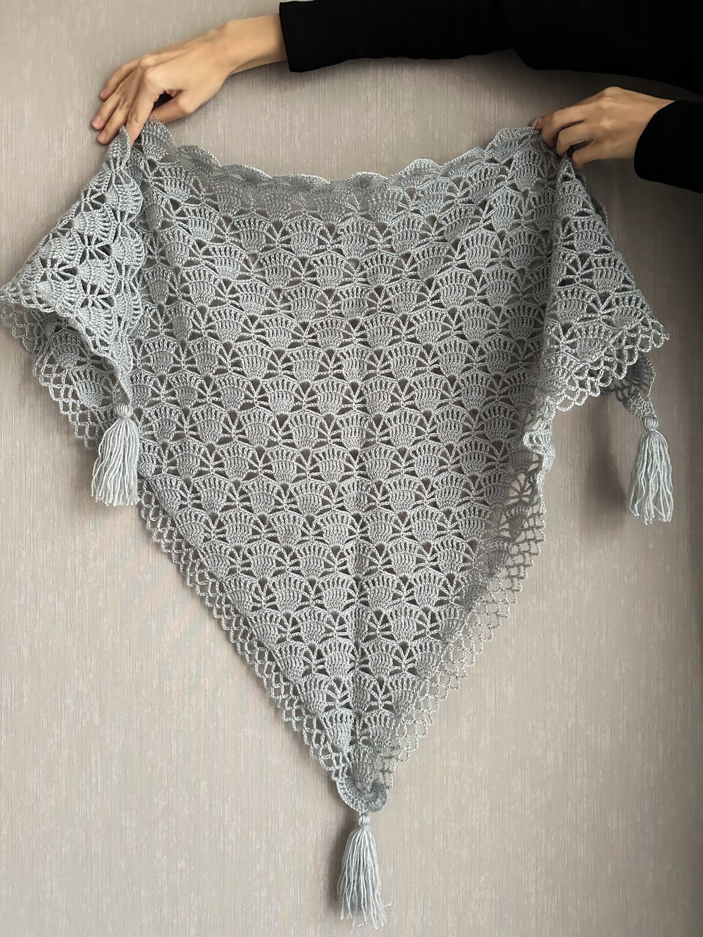 Elegant Silver Crochet Shawl with Tassel