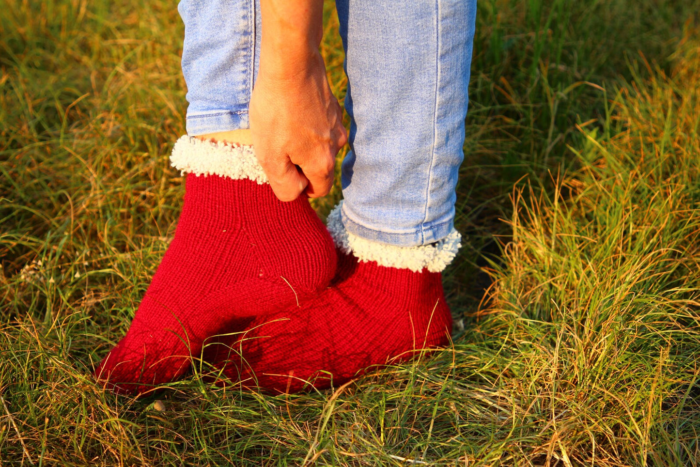 Red Wool Socks with Cozy White Cuffs