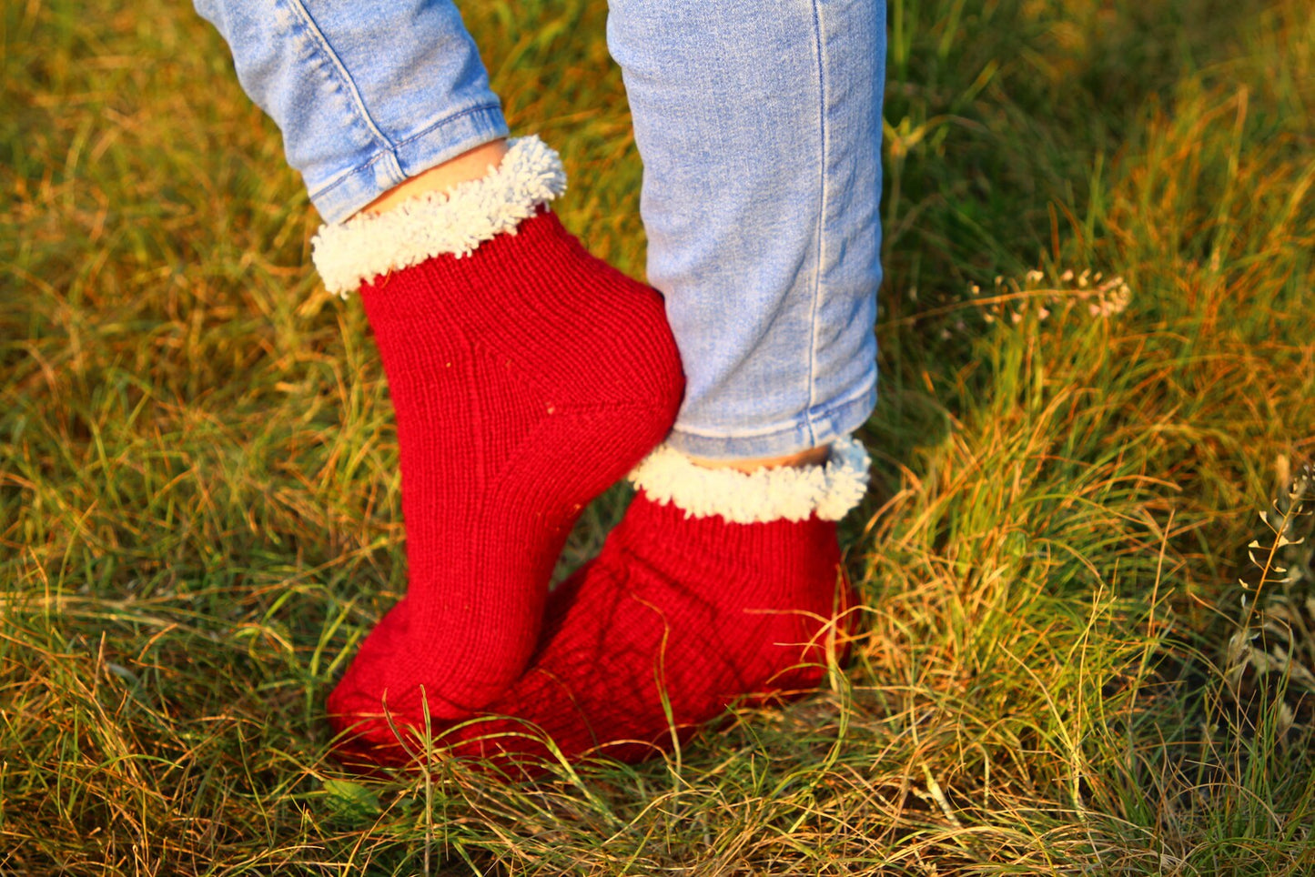 Red Wool Socks with Cozy White Cuffs