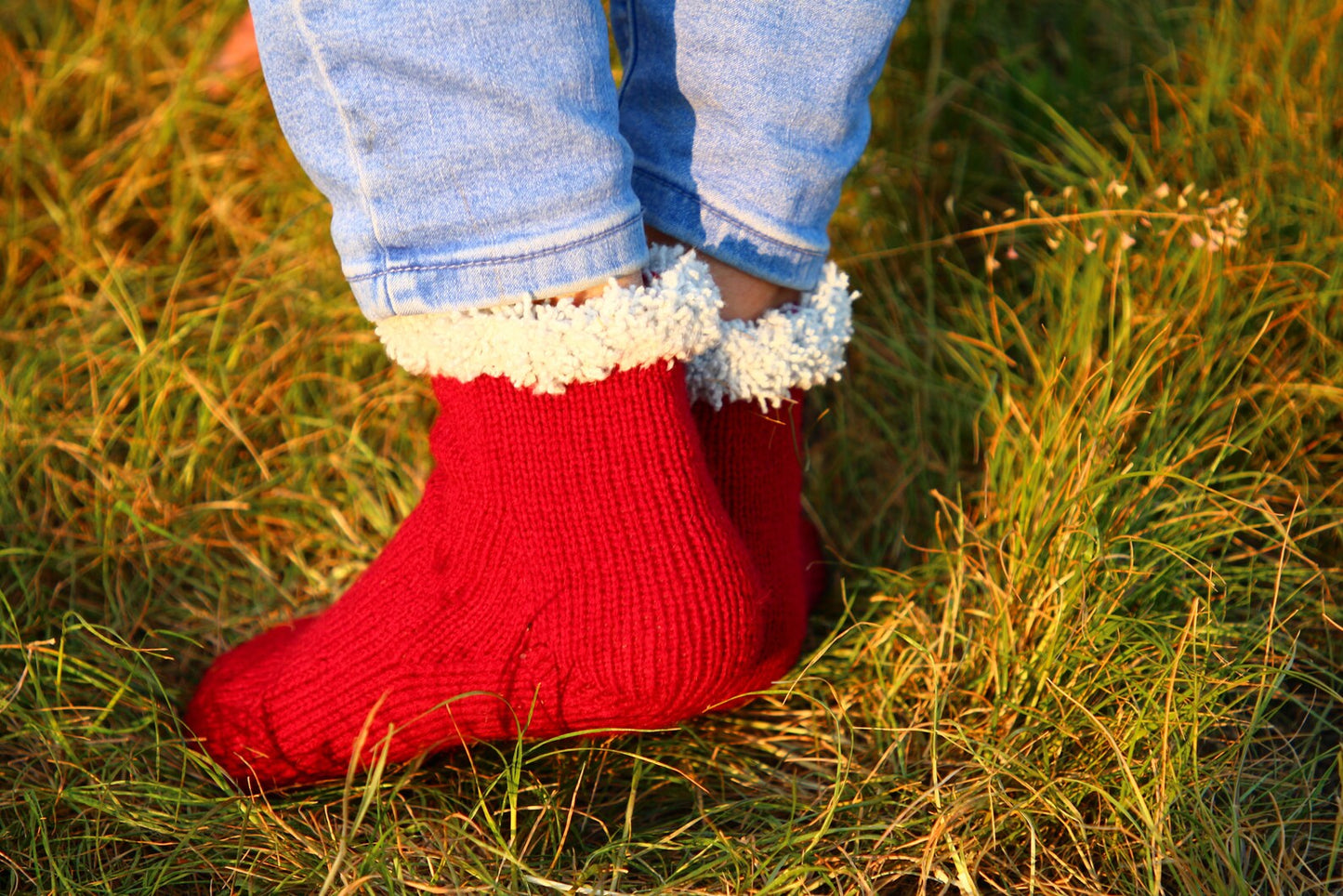 Red Wool Socks with Cozy White Cuffs