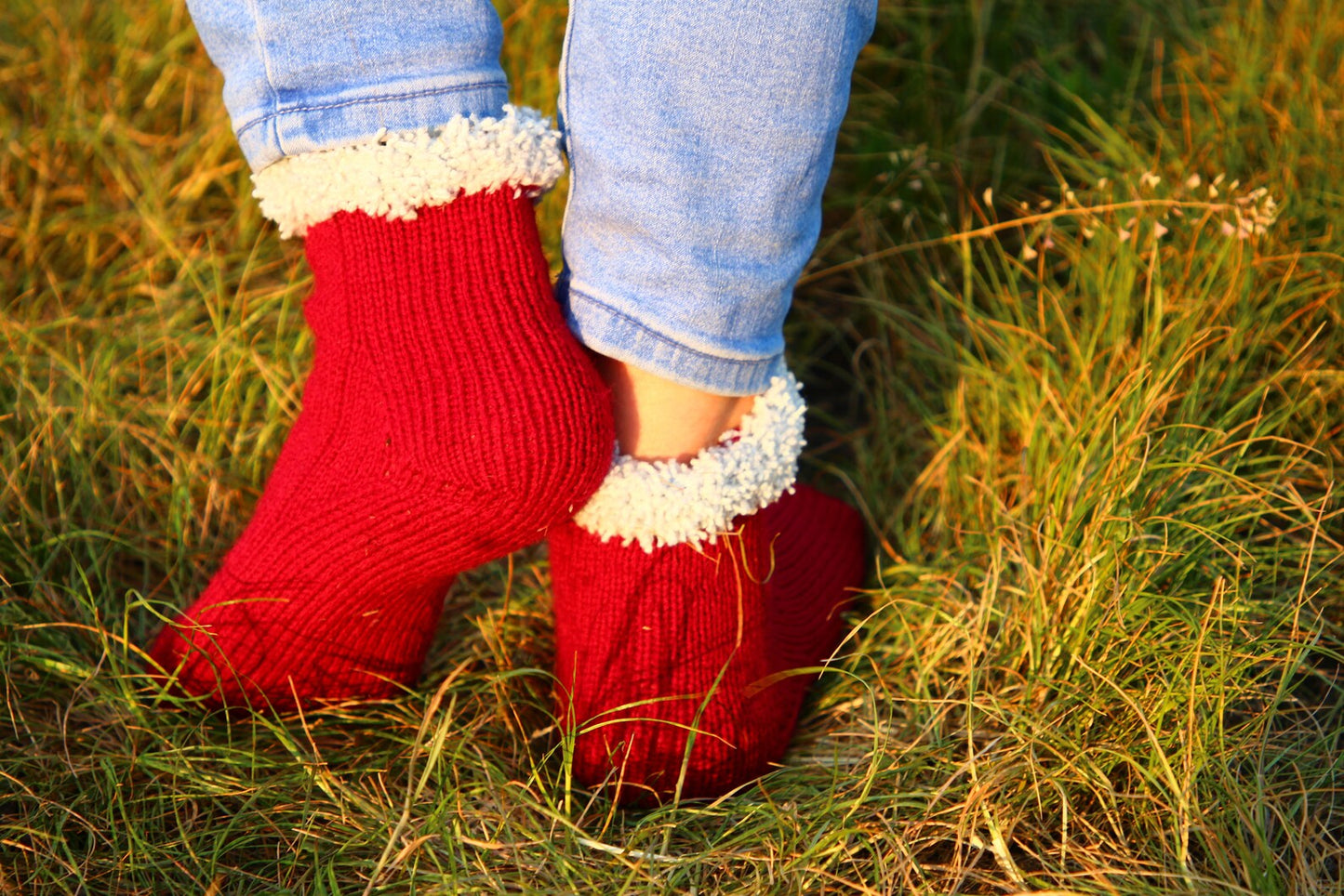 Red Wool Socks with Cozy White Cuffs