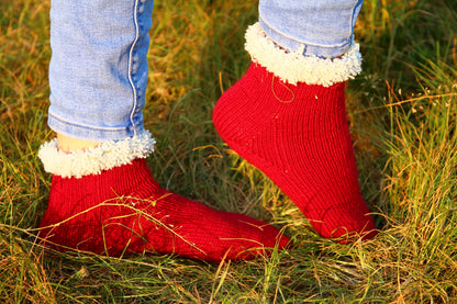 Red Wool Socks with Cozy White Cuffs