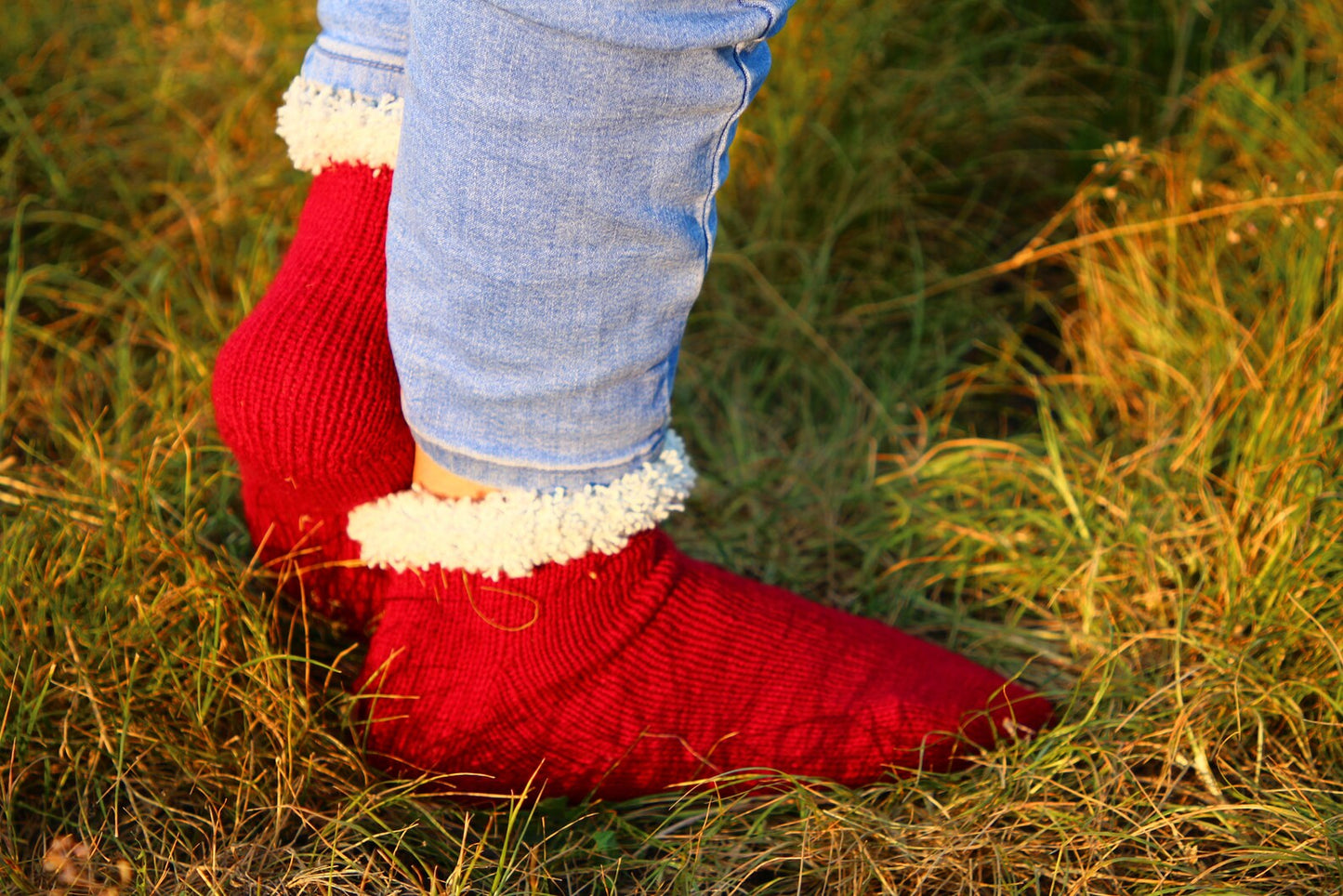 Red Wool Socks with Cozy White Cuffs