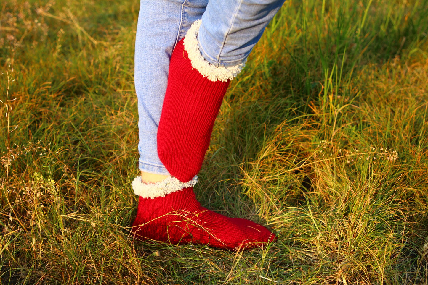 Red Wool Socks with Cozy White Cuffs