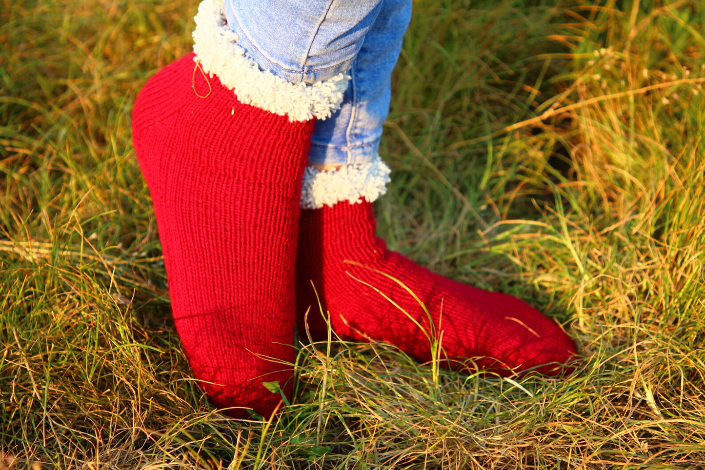 Red Wool Socks with Cozy White Cuffs