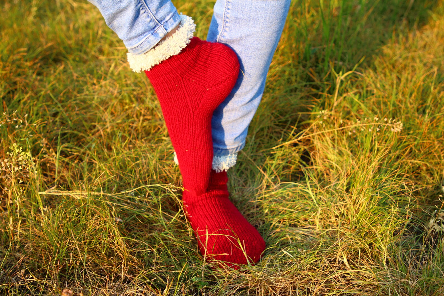 Red Wool Socks with Cozy White Cuffs