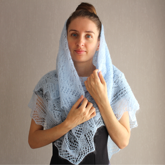 Mohair Leaf Lace Shawl, Modest head covering, Soft Blue Headscarf, Stretch Floral Mantilla, Traditional Veil, Airy square wrap