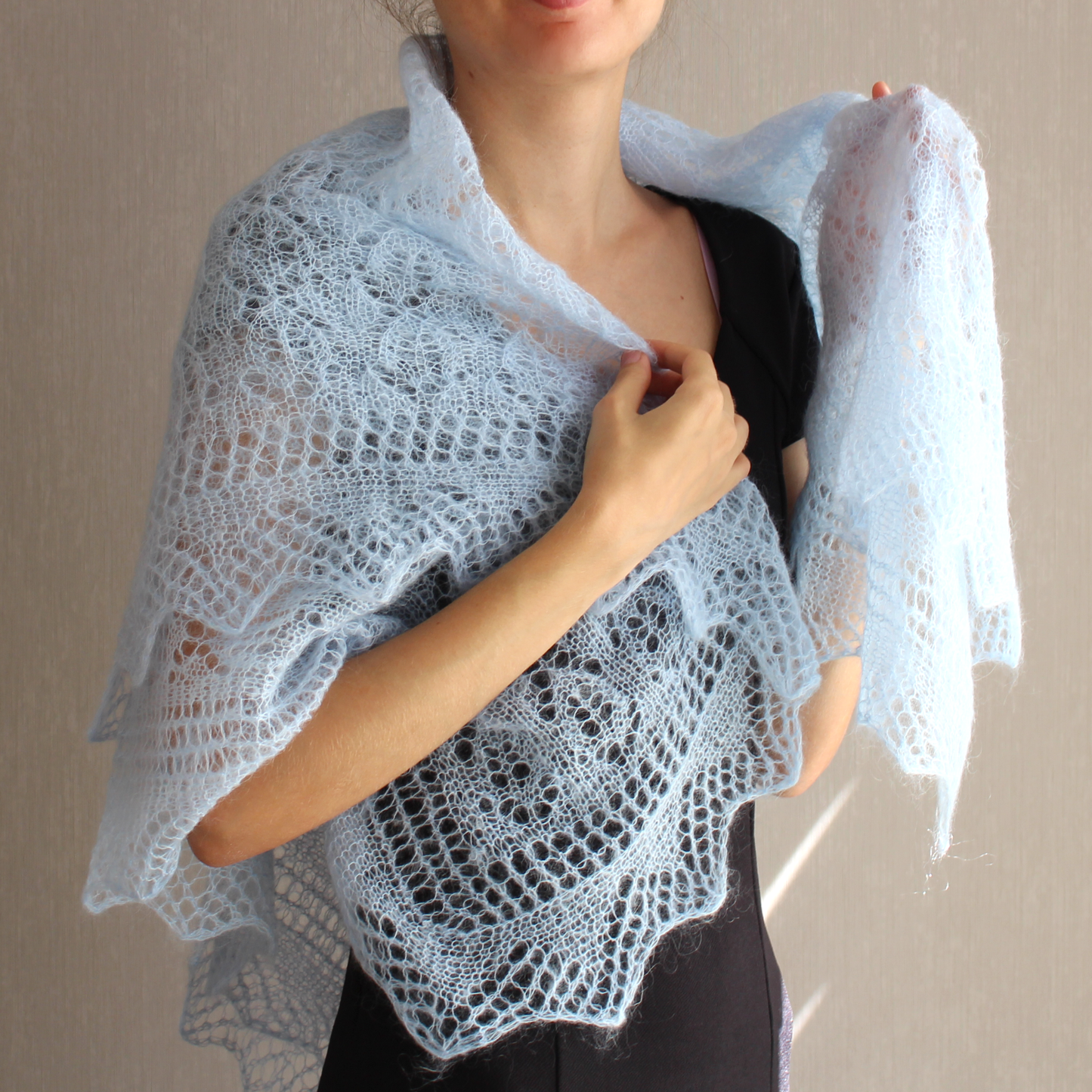 Mohair Leaf Lace Shawl, Modest head covering, Soft Blue Headscarf, Stretch Floral Mantilla, Traditional Veil, Airy square wrap