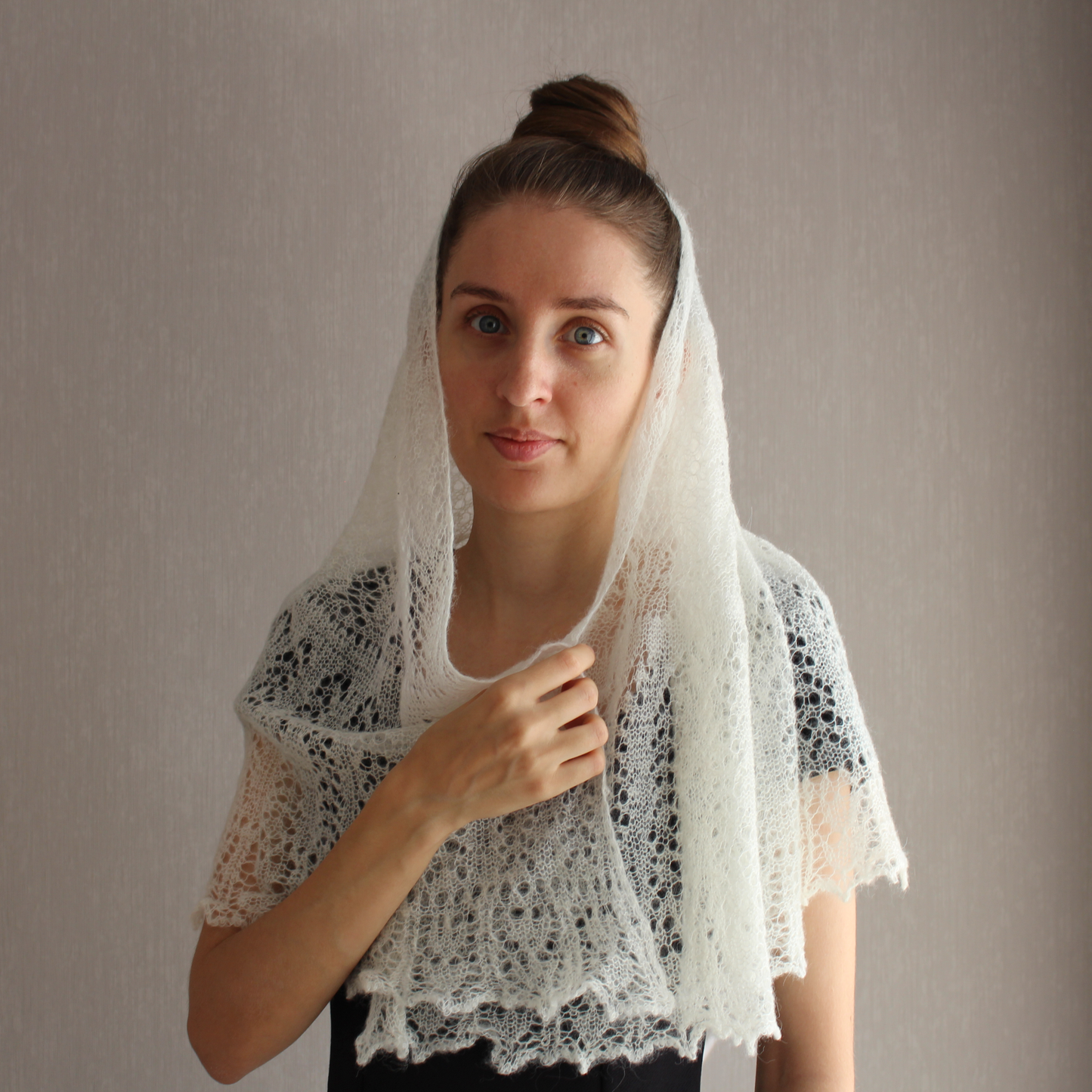 Triangle wedding veil, Gossamer lace crochet wrap, Wool headscarf