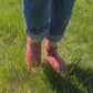 Pink socks with green stripes, Wool house socks, Warm winter slippers