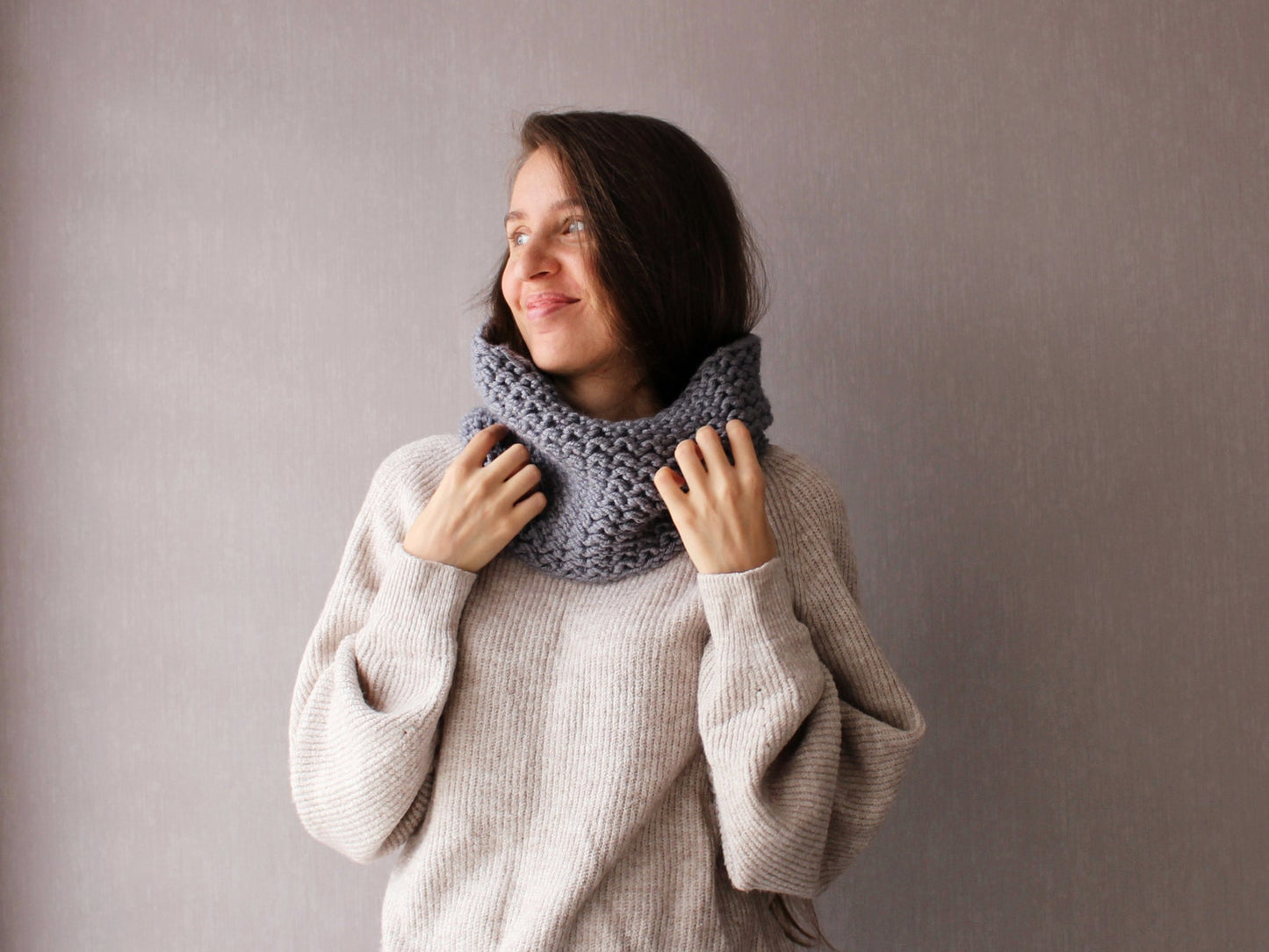 Gray snood, chunky infinity scarf