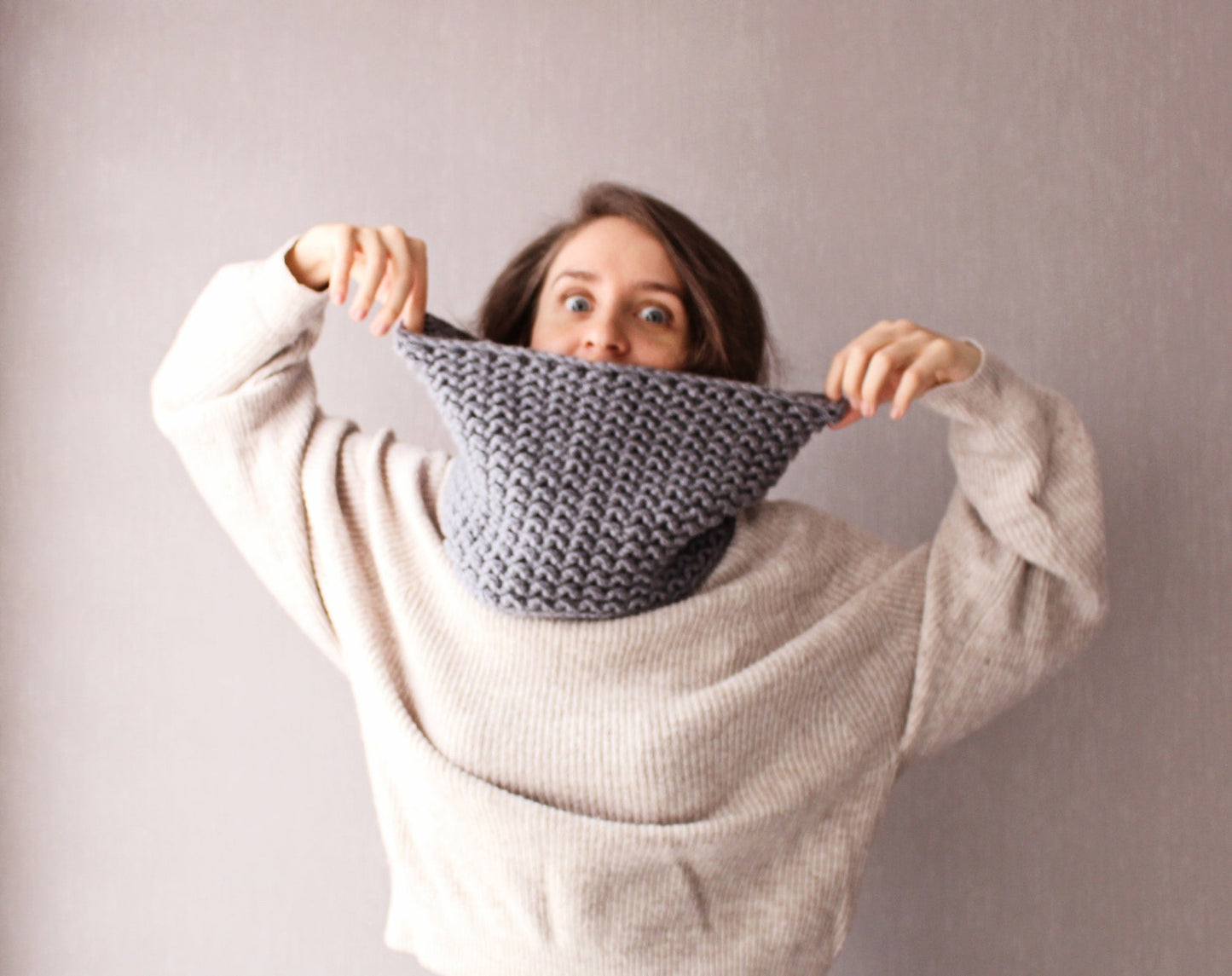 Gray snood, chunky infinity scarf