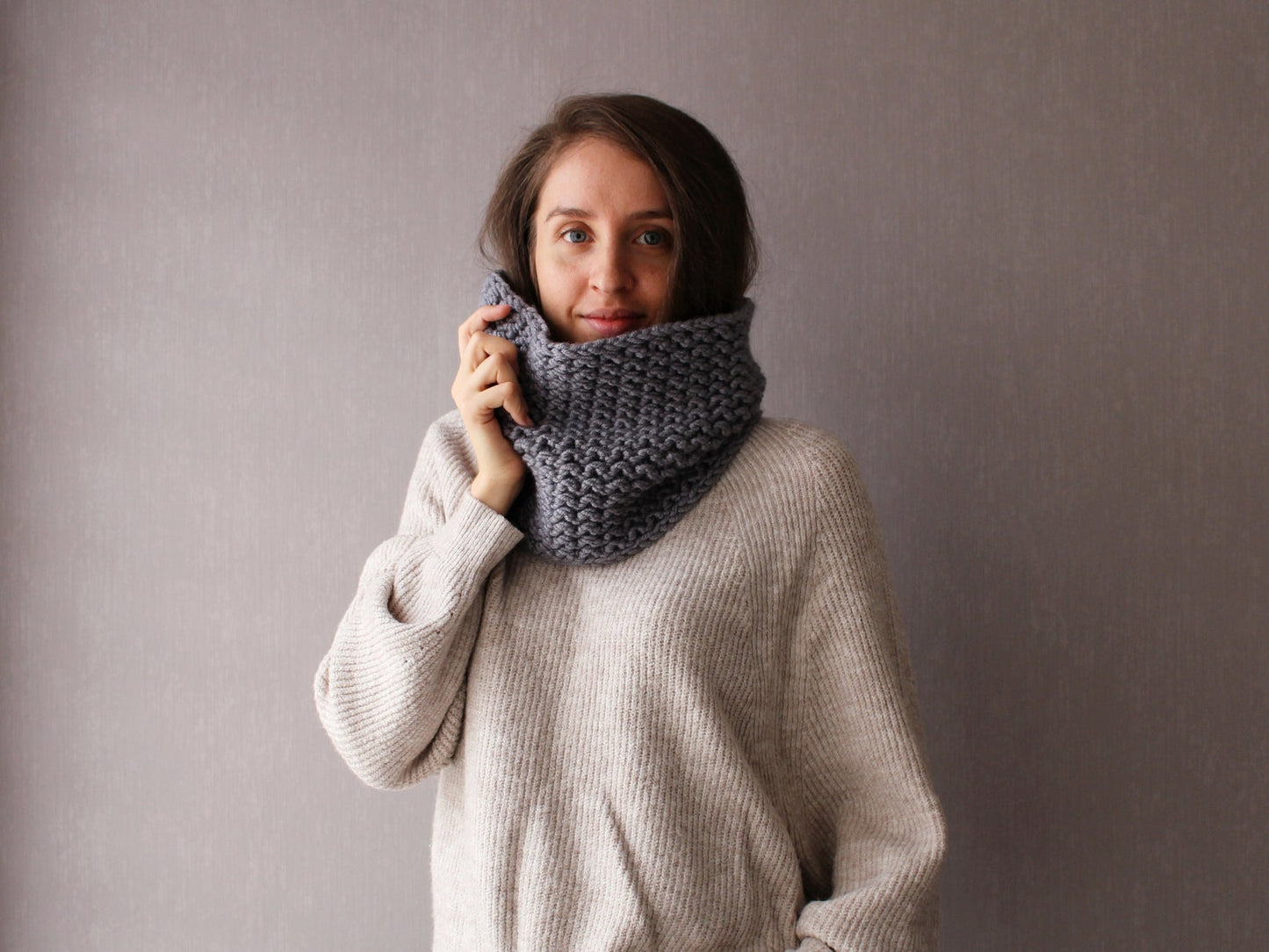 Gray snood, chunky infinity scarf