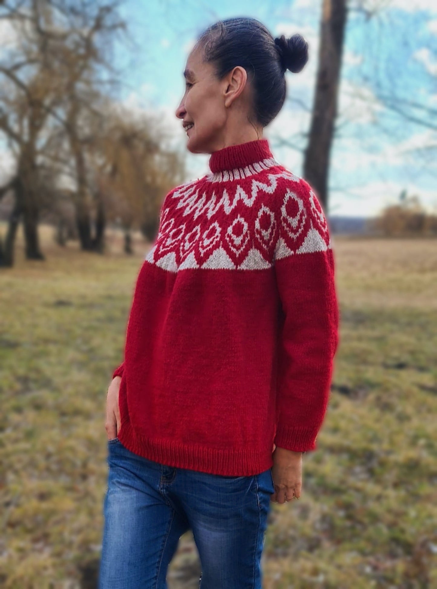 Icelandic Lopi Red Sweater, Fair isle Pullover, Long sleeve Wool Turtleneck