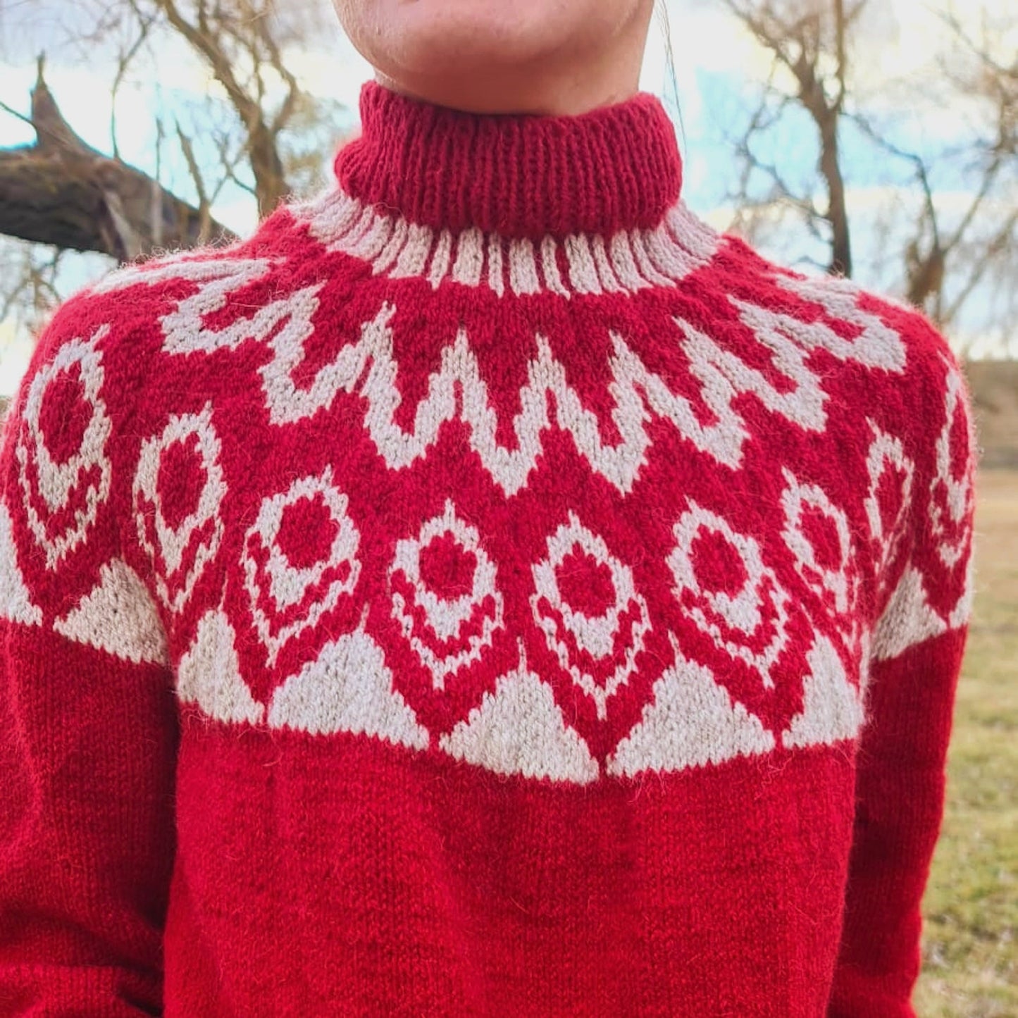 Icelandic Lopi Red Sweater, Fair isle Pullover, Long sleeve Wool Turtleneck