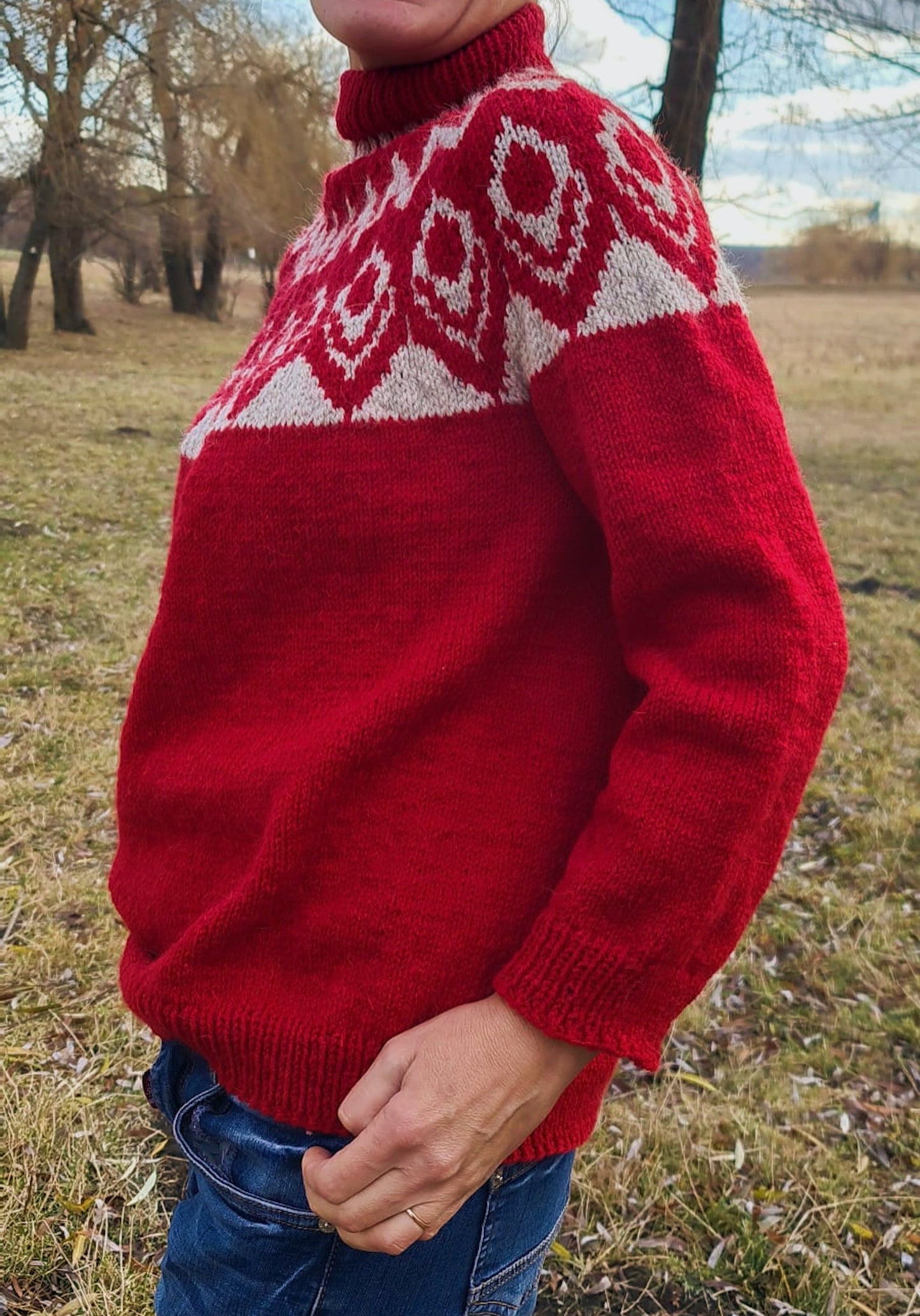 Icelandic Lopi Red Sweater, Fair isle Pullover, Long sleeve Wool Turtleneck