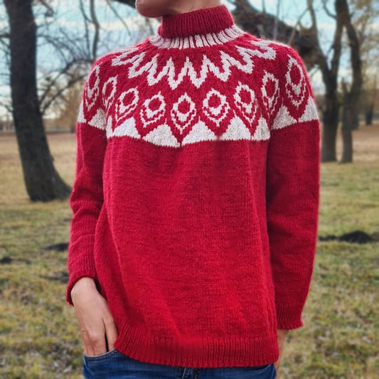 Icelandic Lopi Red Sweater, Fair isle Pullover, Long sleeve Wool Turtleneck