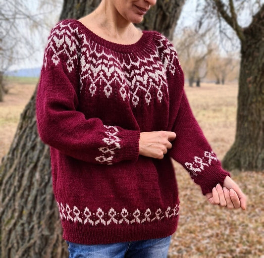 Red oversized Icelandic Lopapeysa jumper, Fair Isle Alpaca sweater