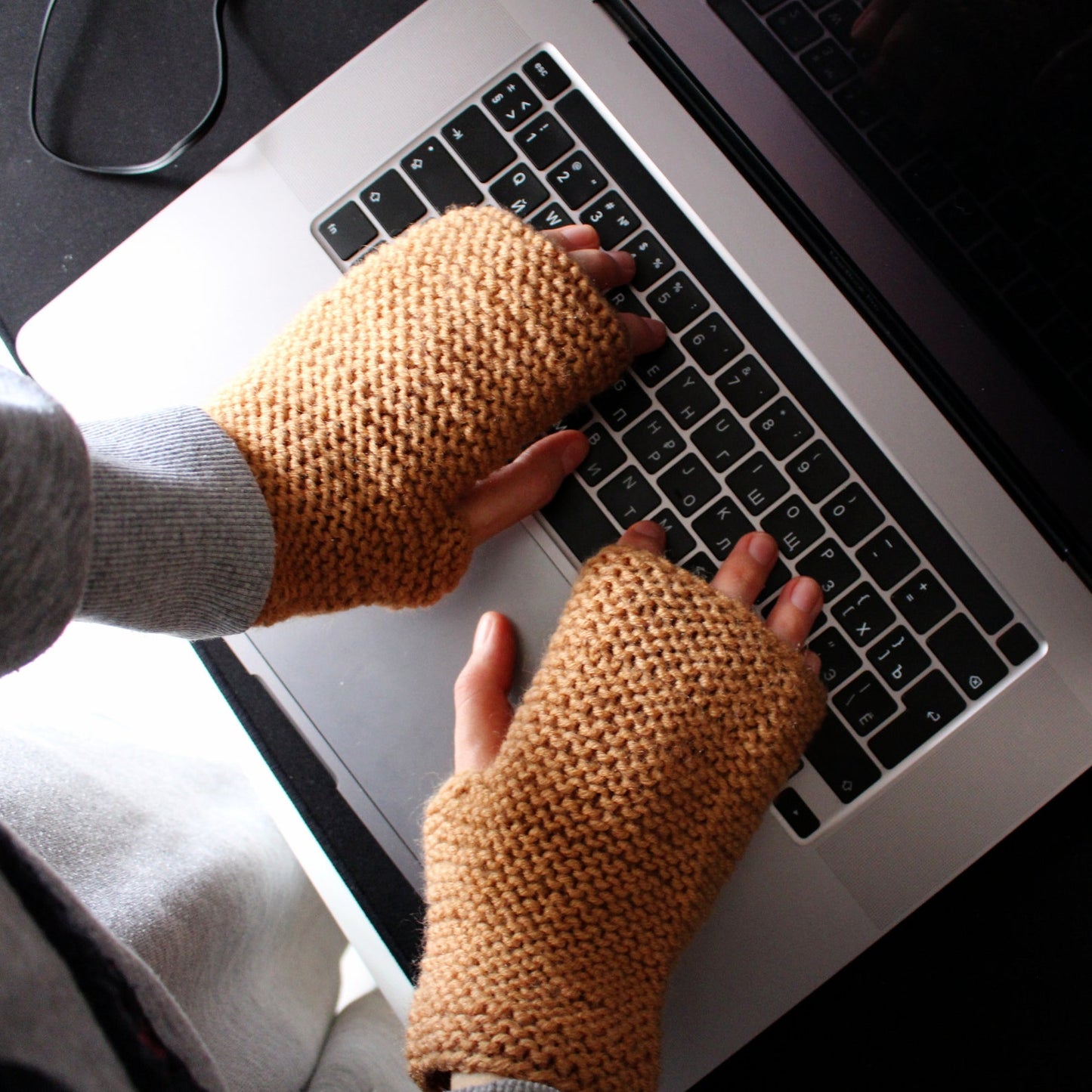 Fingerless textured gloves with little heart, Texting arm warmers