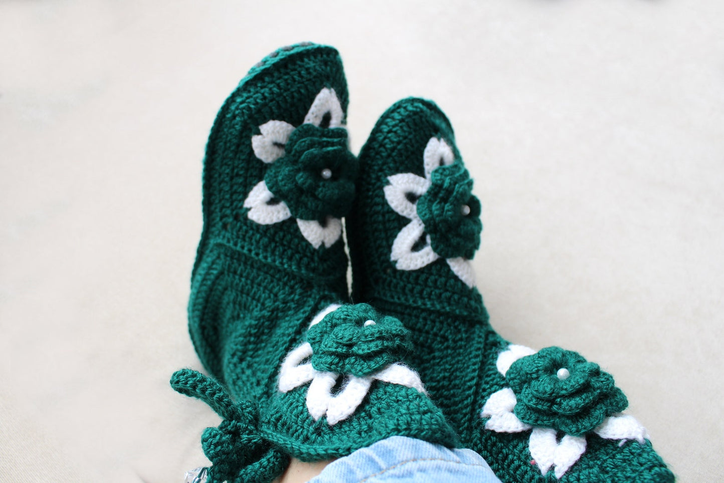 Crochet wool blend slipper booties