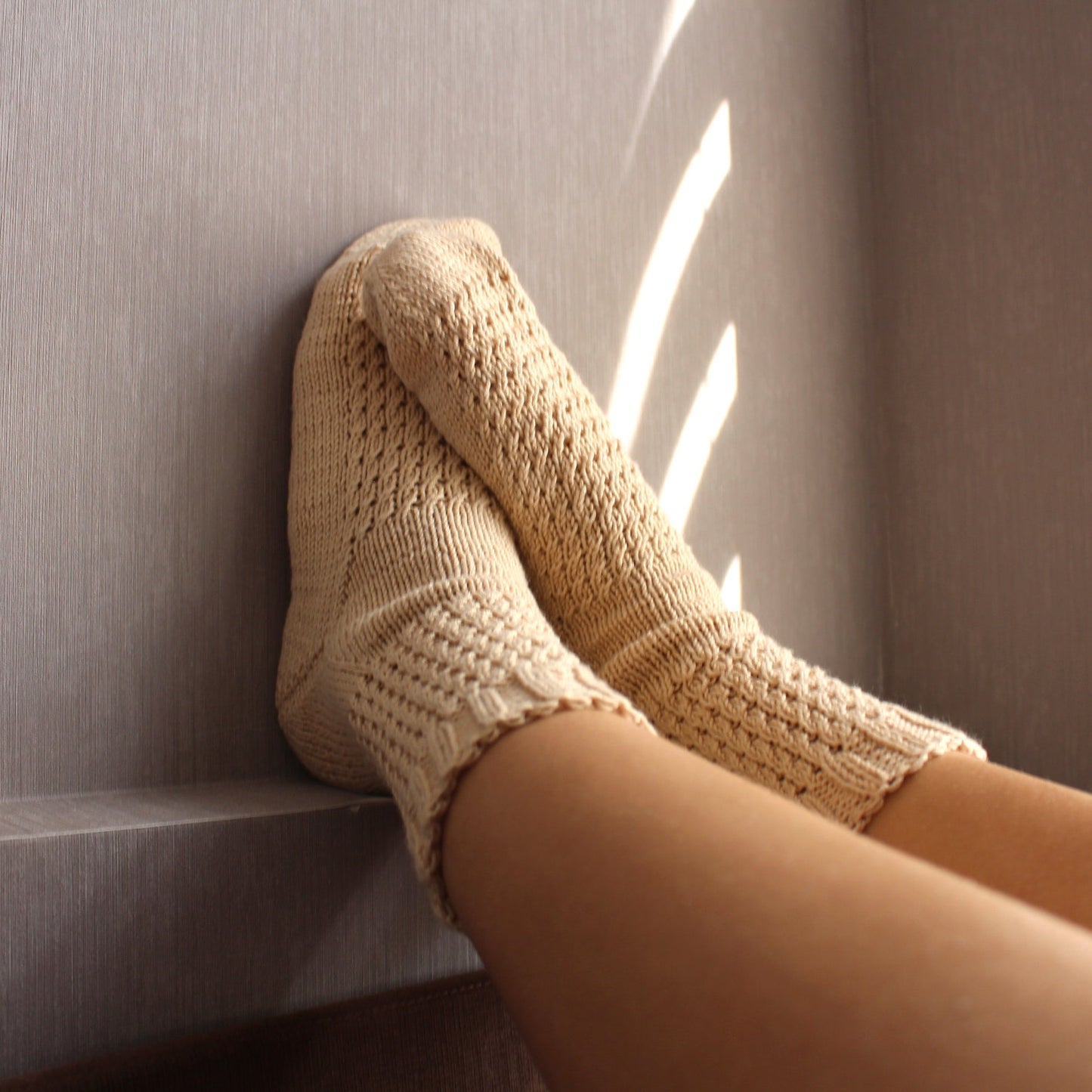 Cotton knitted textured socks, Toasty Fall quarter socks in ivory