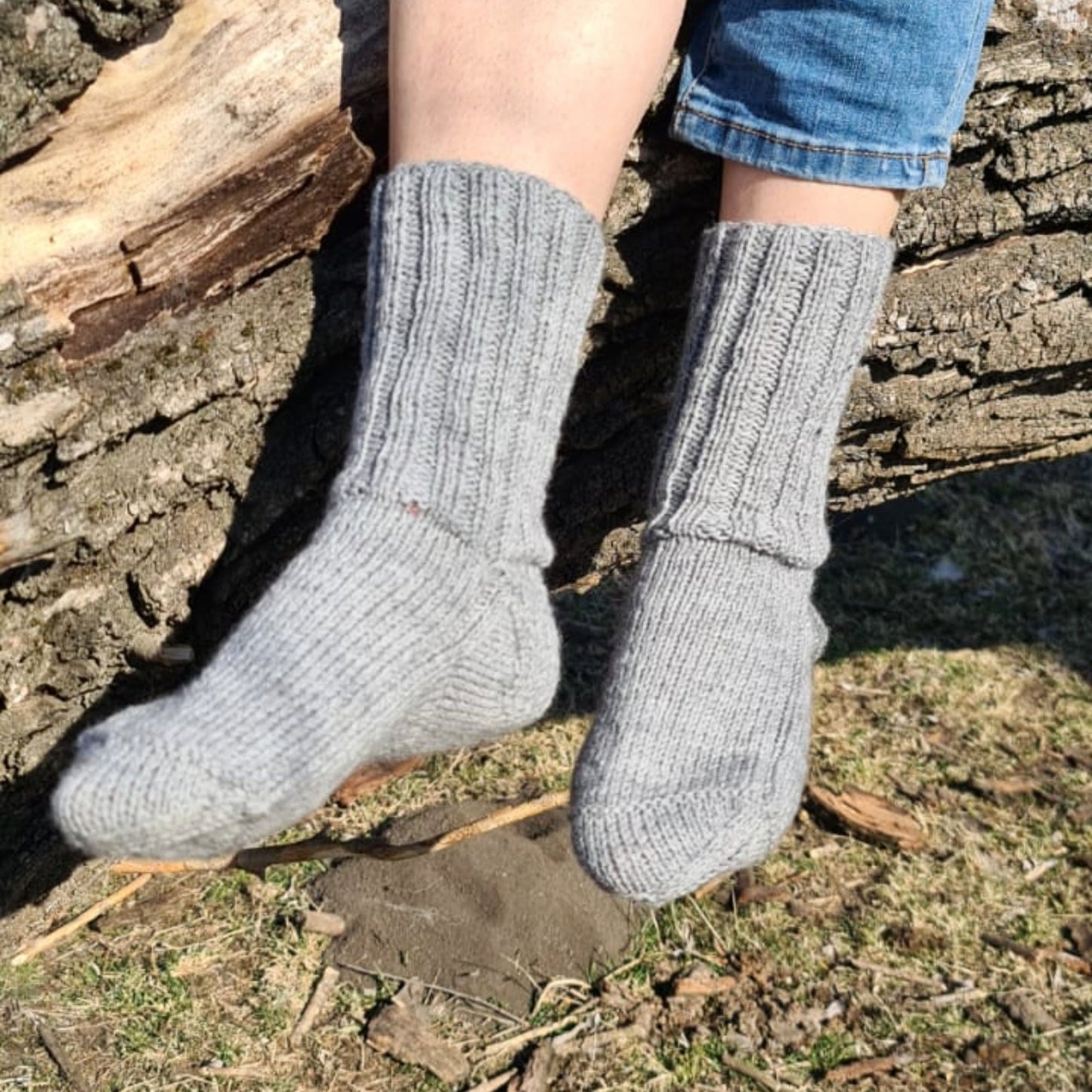 Ribbed gray wool socks, Comfy crew socks for wide feet, Thermal hiking socks