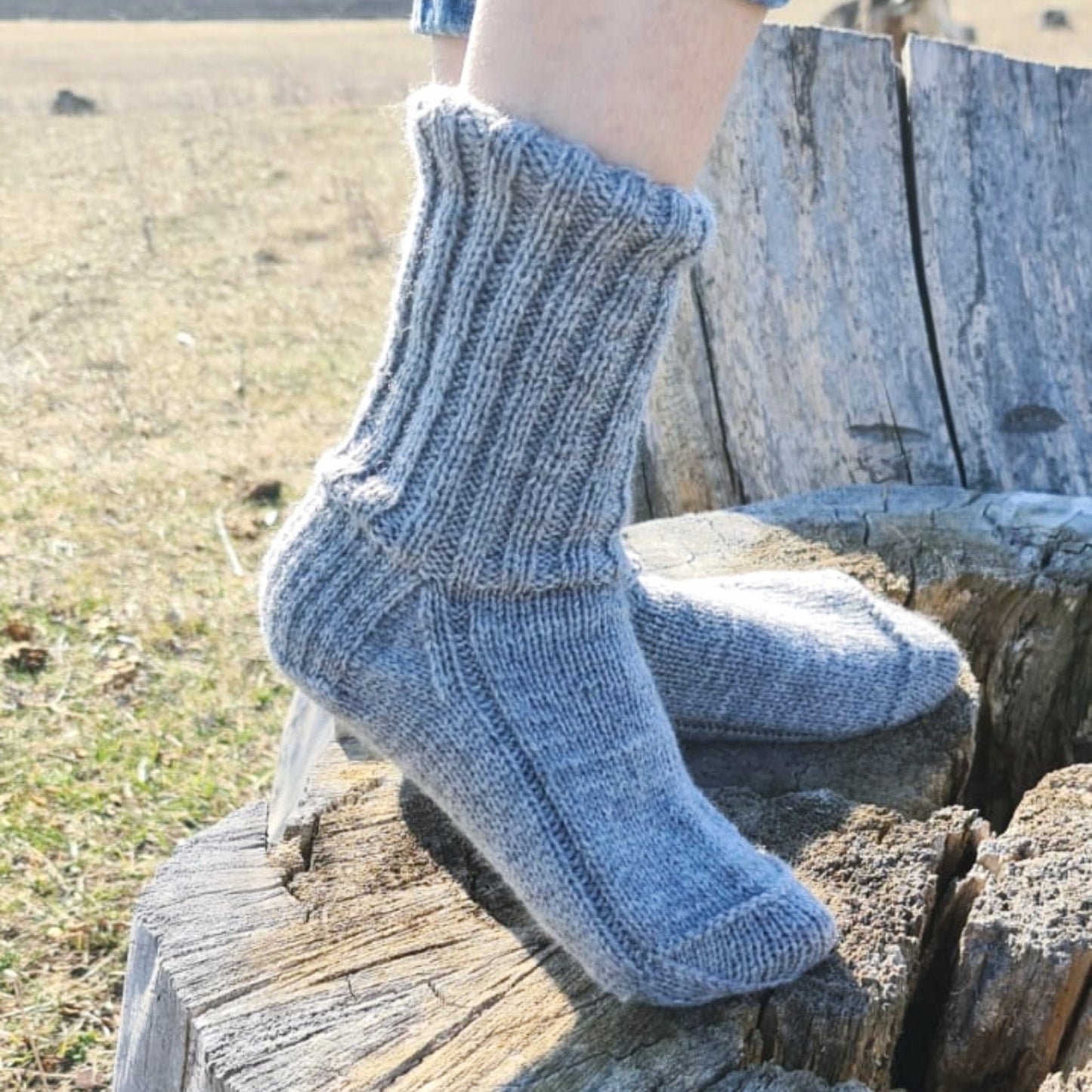 Ribbed gray wool socks, Comfy crew socks for wide feet, Thermal hiking socks