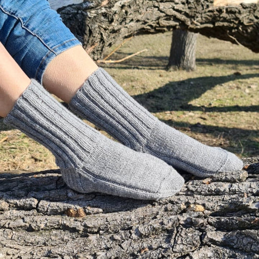 Ribbed gray wool socks, Comfy crew socks for wide feet, Thermal hiking socks