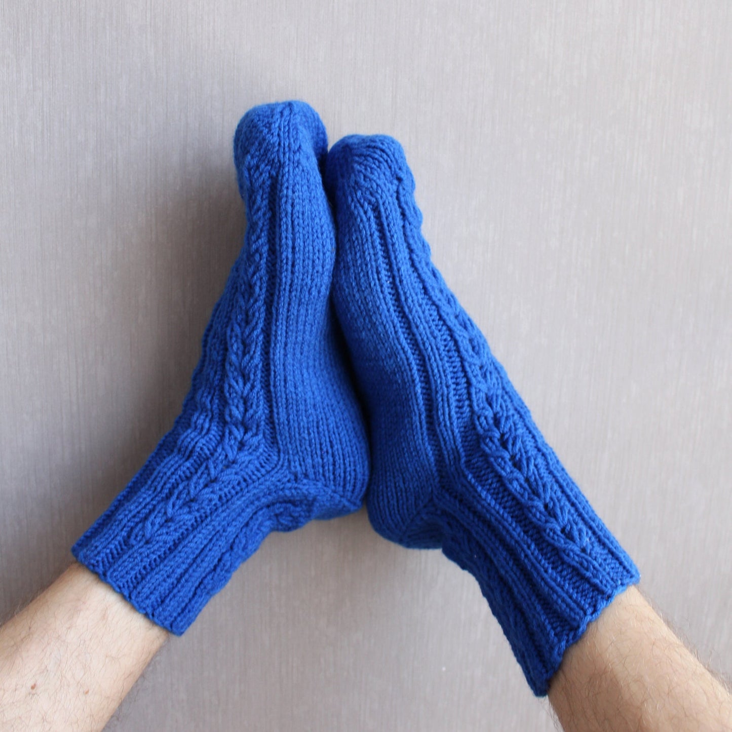 Blue Large Size Socks, Men's Socks for Large Feet, Cable Knit Wool Socks