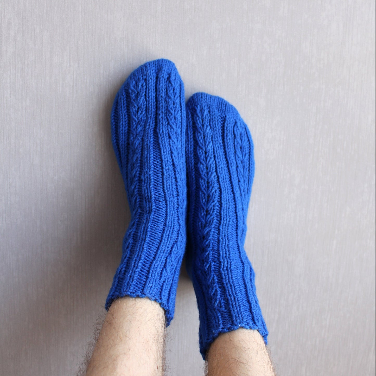 Blue Large Size Socks, Men's Socks for Large Feet, Cable Knit Wool Socks