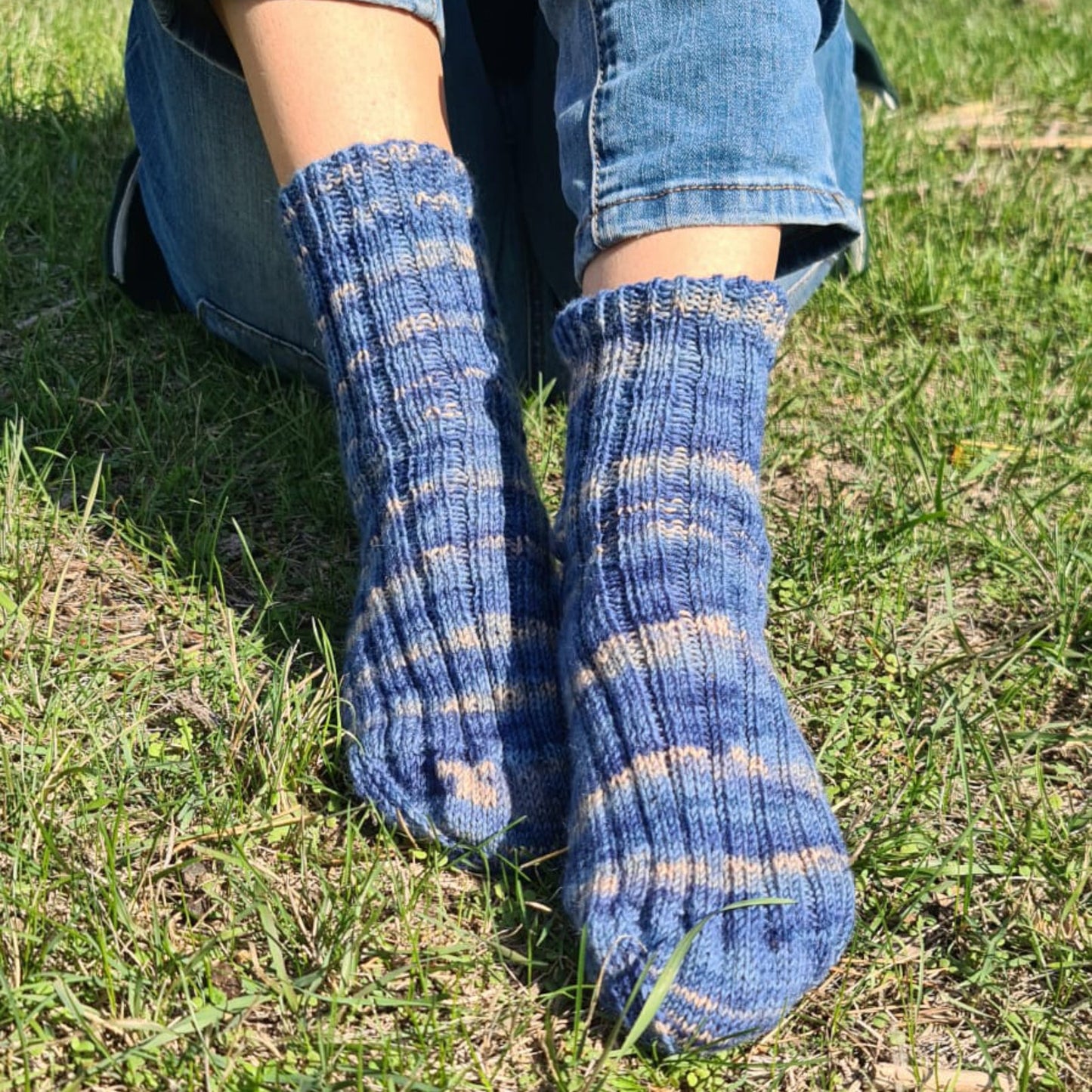 Wool-blend striped blue socks, Warm ribbed quarter socks