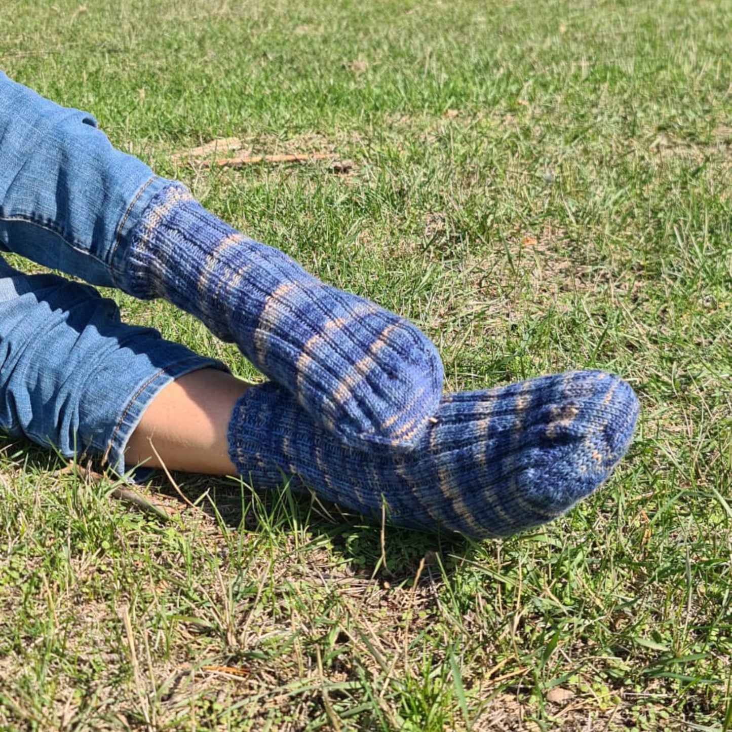 Wool-blend striped blue socks, Warm ribbed quarter socks