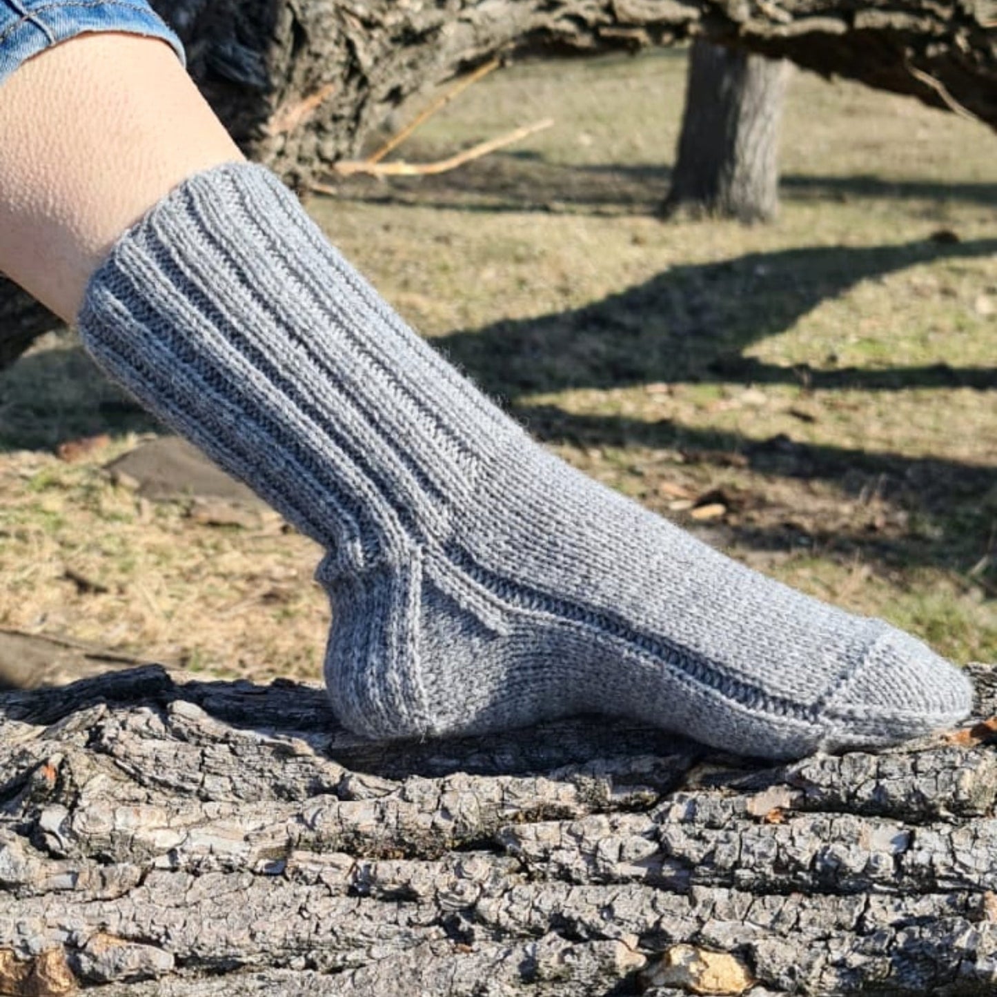 Ribbed gray wool socks, Comfy crew socks for wide feet, Thermal hiking socks