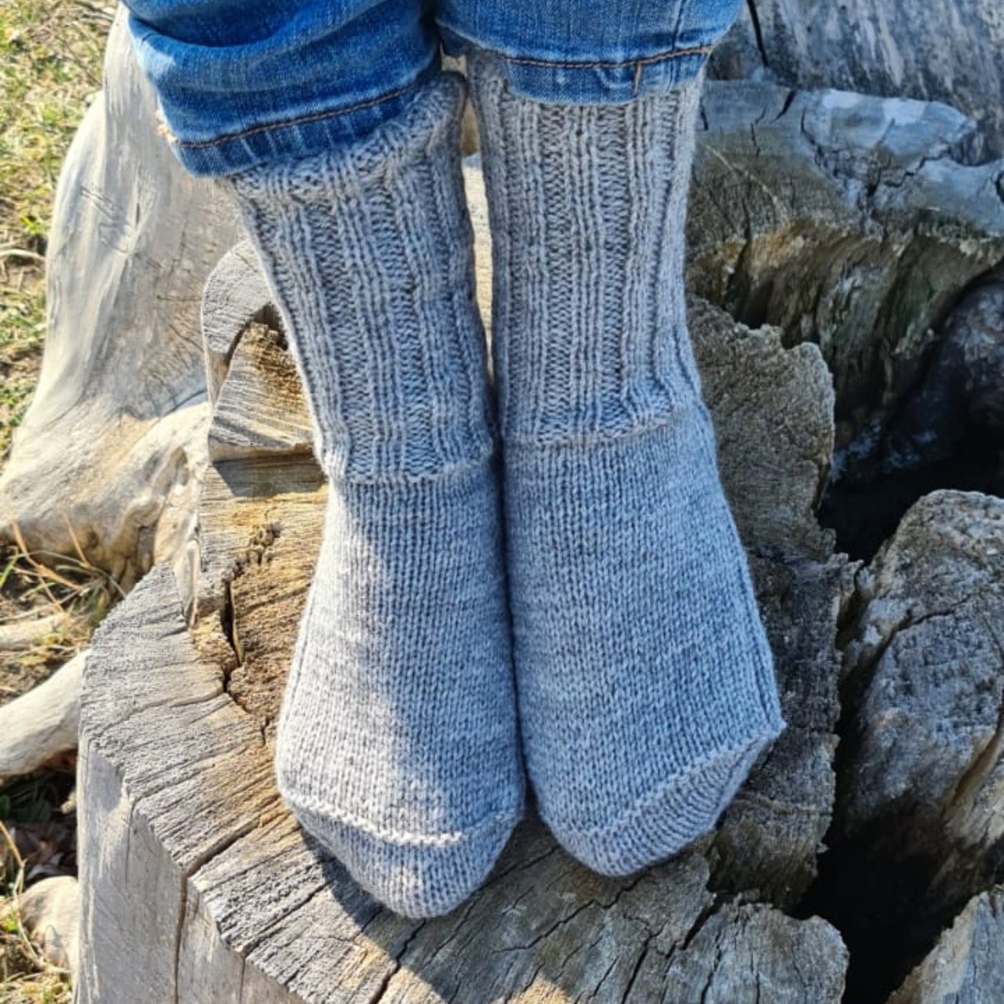 Ribbed gray wool socks, Comfy crew socks for wide feet, Thermal hiking socks